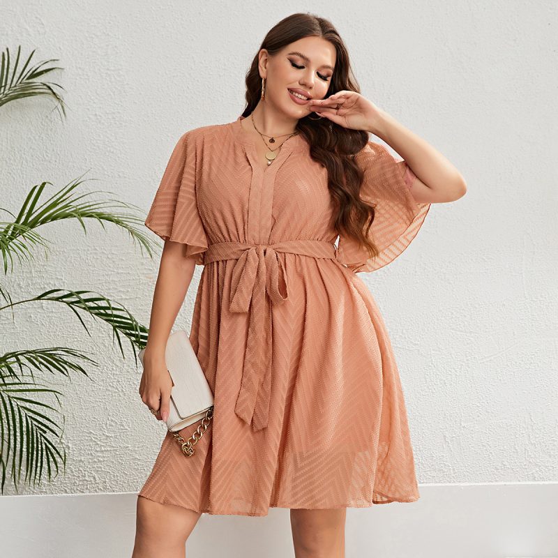 Plus Size Summer Orange V neck Lace up Waist Dress for Women