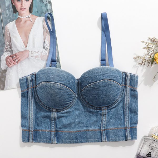 Denim Camisole Women Beauty Back Cropped Free Underwear Outer Wear Boning Corset Top All Match Nightclub Disco Tube Top