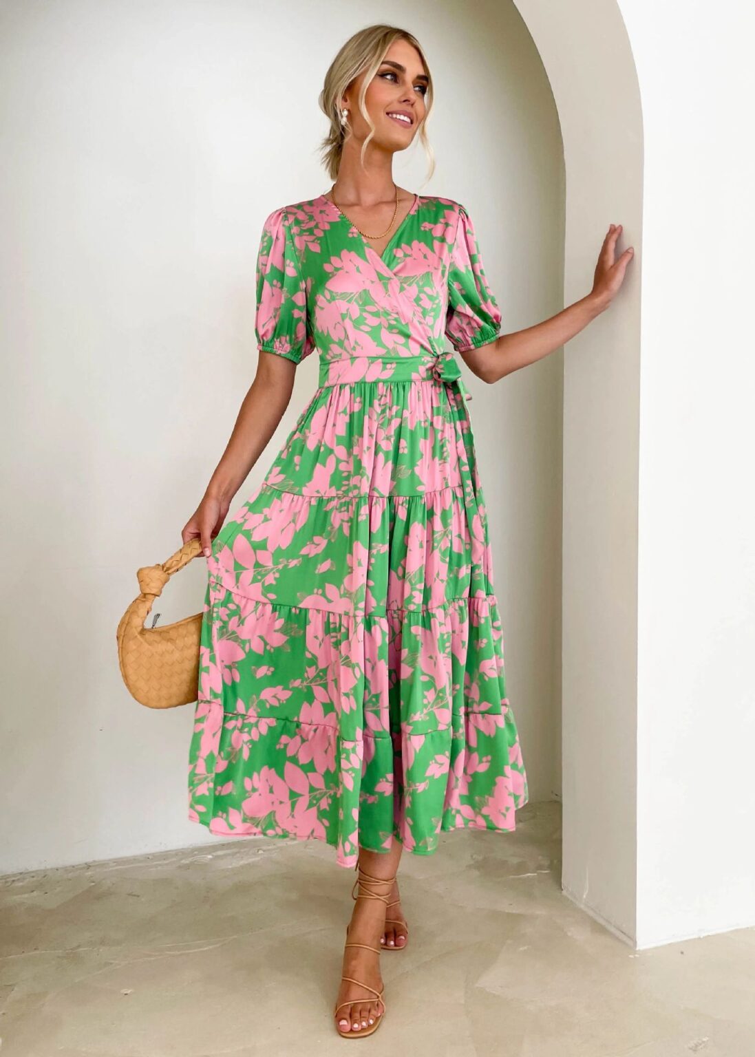 Spring Vintage Court Printed V neck Floral Dress for Women