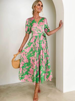 Spring Vintage Court Printed V neck Floral Dress for Women