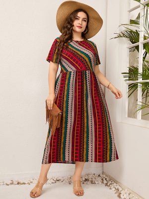 Plus Size Ladies  Women round Neck Twill Stitching Casual Printed Short Sleeves Dress