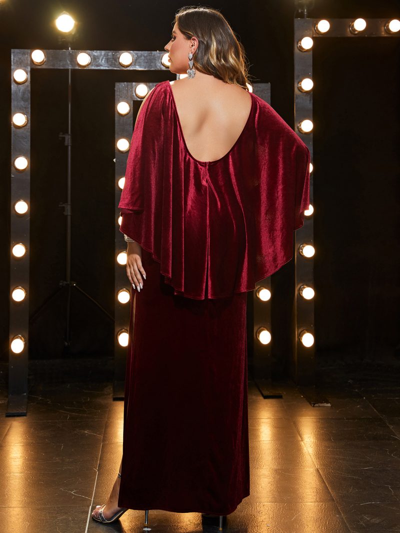 Plus Size Velvet Bare Back Bat Shawl Prom Slit Evening Dress Fishtail Dress - Image 5