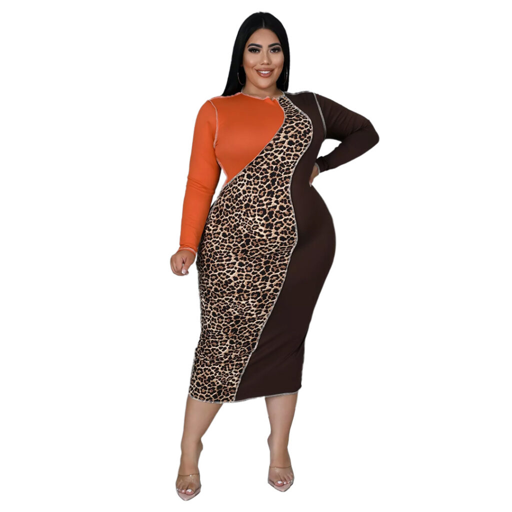 Plus Size Fashion  Women  Nightclub Uniforms Reverse Car Side Leopard Splicing Contrasting-Color Dress - Image 4