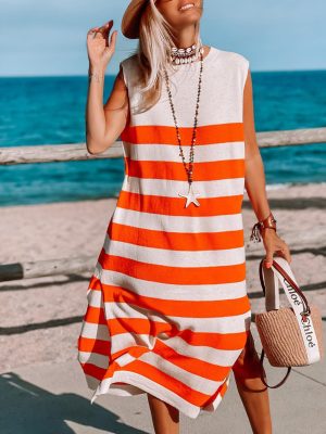 Ladies Vacation Fresh Bold Stripes Sleeveless Knitted Dress Maxi Dress