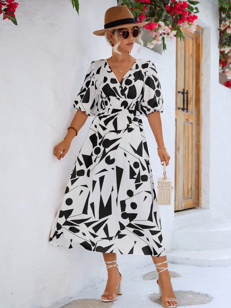 Spring Summer Women Clothing V neck Puff Sleeve Dress - Image 4