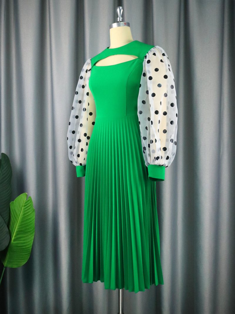 Round Neck Hollow Out Cutout Out Rest Pleated Office Polka Dot Lantern Sleeve Dress - Image 3