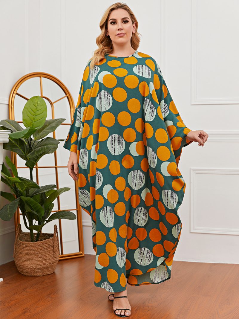 Plus Size Women Loose Casual Green Polka Dot Batwing Sleeve Dress Robe - Image 3