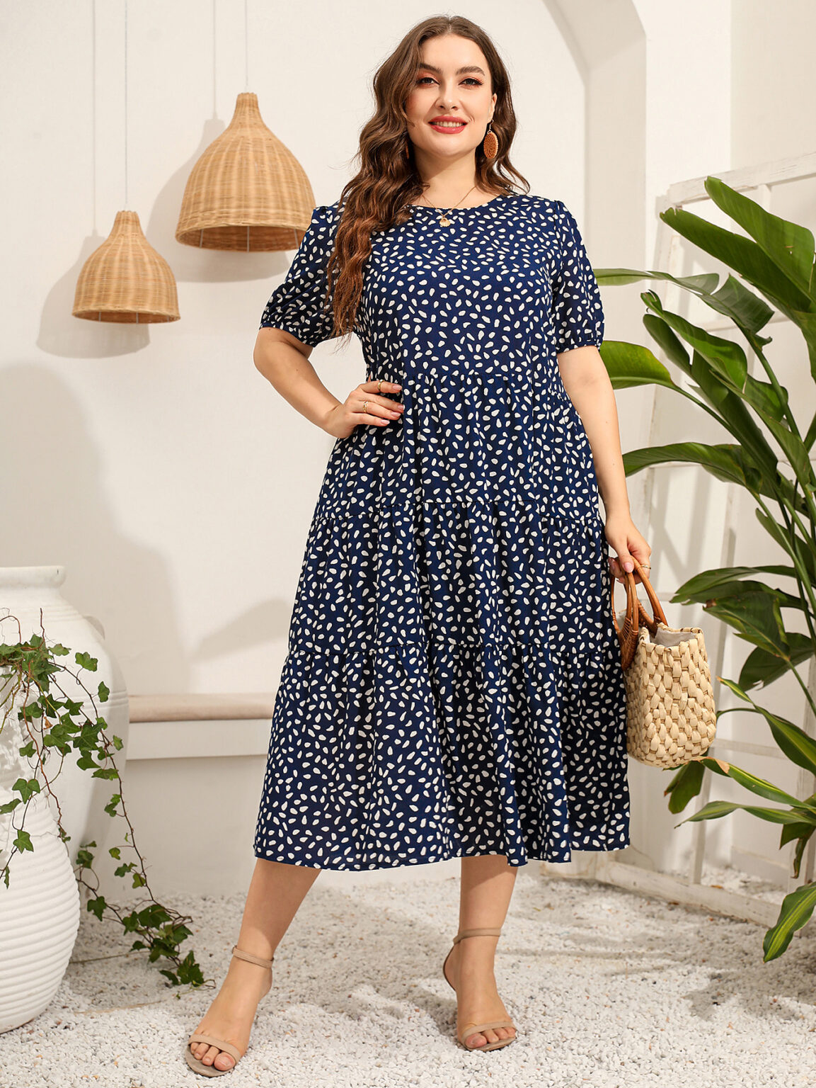 Plus Size Women Clothing Irregular Asymmetric Point Short Sleeve Dress Loose Round Neck Large Swing Dress - Image 4