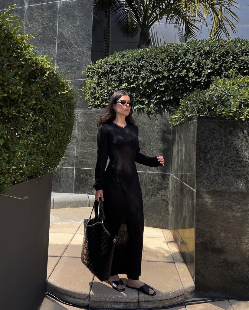 See Through Knitted Long Sleeved Dress Casual Waist Tight Slim Fit Round Neck Big Pit Stripe Slimming Knitted Maxi Dress Women - Image 2