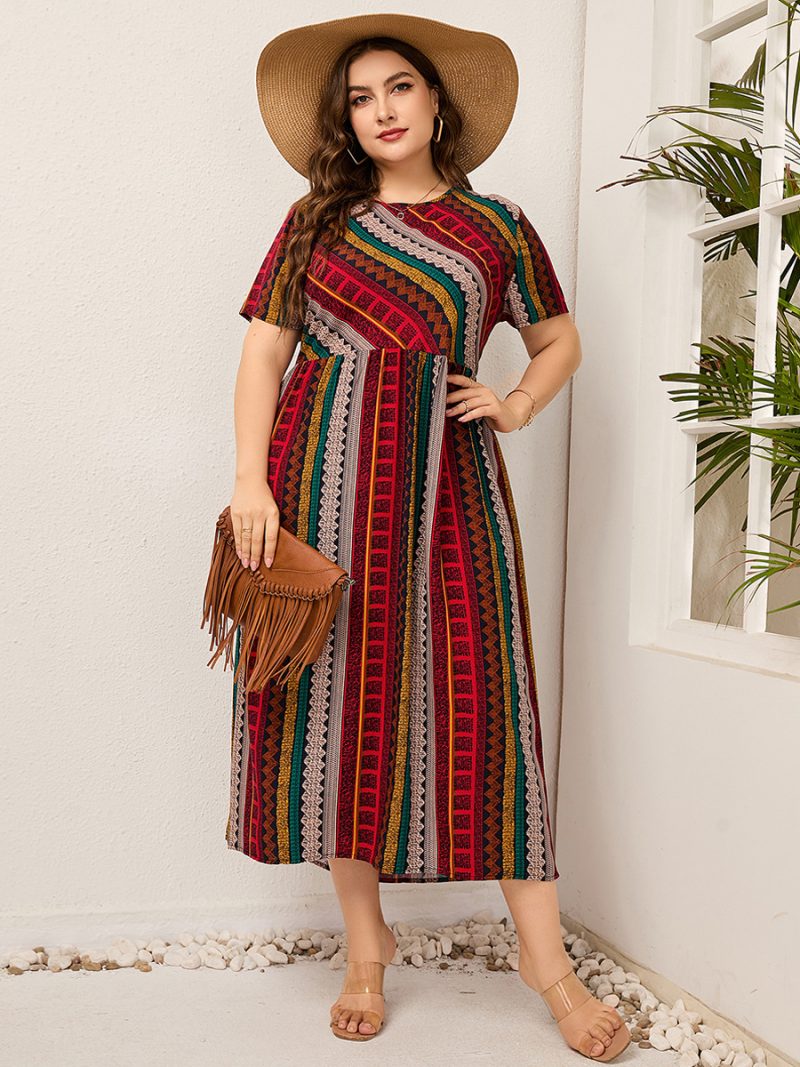 Plus Size Ladies  Women round Neck Twill Stitching Casual Printed Short Sleeves Dress - Image 2