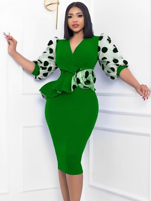 Women Summer Knitted Stitching Dotted Prints Puff Sleeve Pencil Dress 3D Decoration