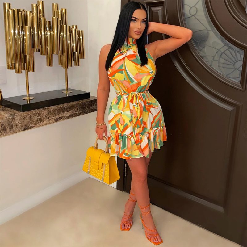 Digital Printing Halter Dress Irregular Asymmetric