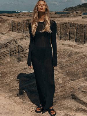 See Through Knitted Long Sleeved Dress Casual Waist Tight Slim Fit Round Neck Big Pit Stripe Slimming Knitted Maxi Dress Women