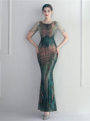 Positioning Floral Sequin Craft Beaded Sexy Party Dinner Ceremony Concert Maxi Dress Evening Dress