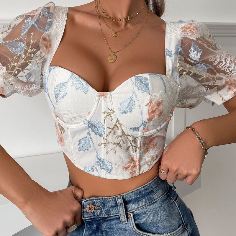 Sexy Lace Puff Sleeve See through French  Short Top - Image 4