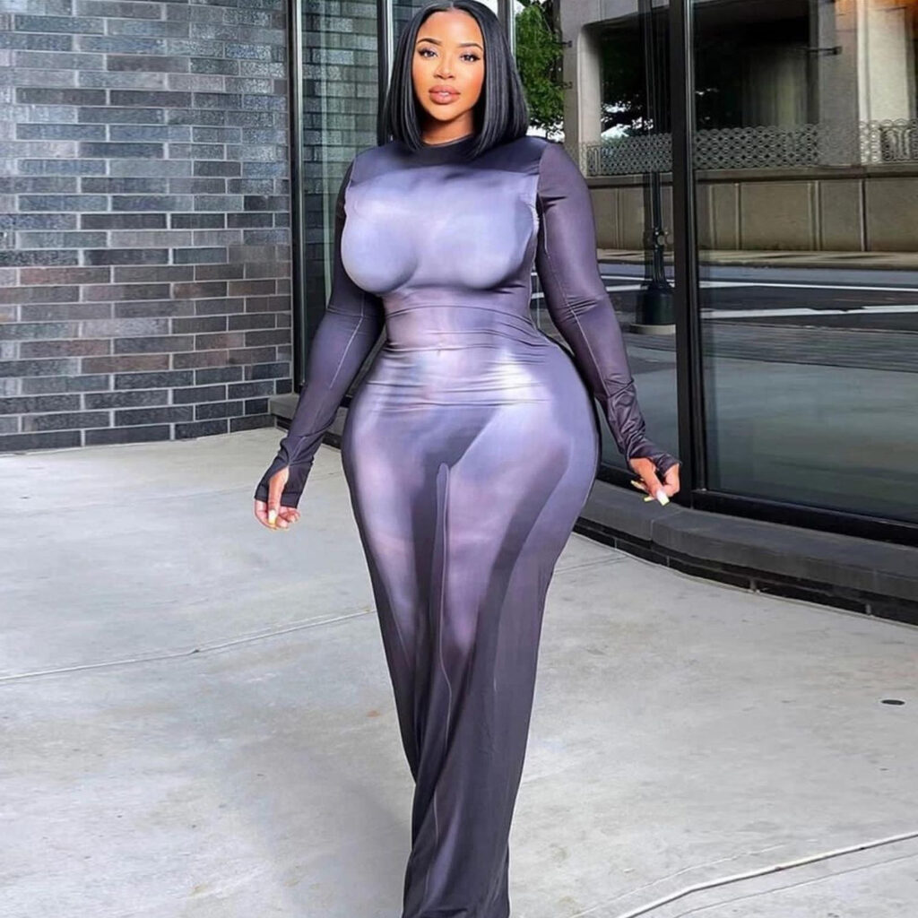 Plus Size Casual Round Neck Slim Fit Printed Sheath Long Sleeve Dress - Image 2
