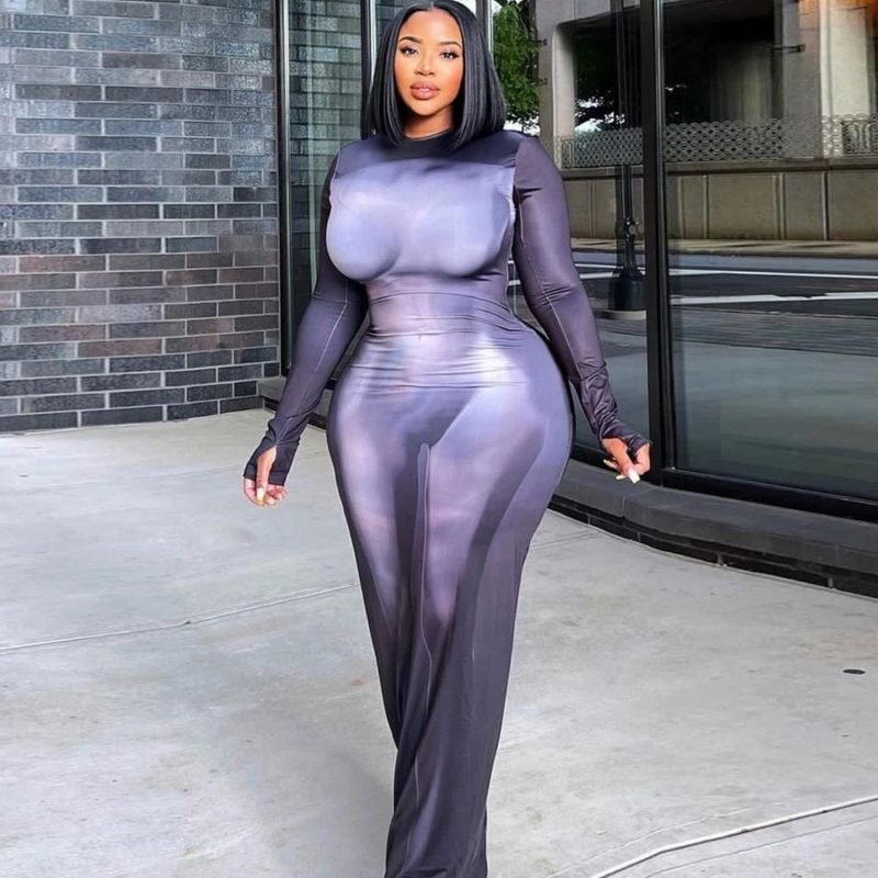 Plus Size Casual Round Neck Slim Fit Printed Sheath Long Sleeve Dress - Image 2
