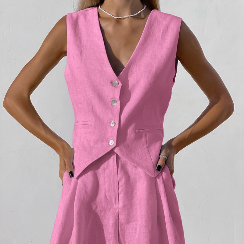 Design Cotton Linen Suit Vest Suit Women Summer Casual Sleeveless Tank Top Shorts Two Piece Suit - Image 3