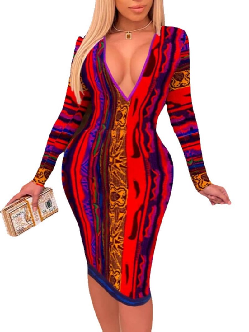 Plus Size Fashionable Long Sleeve Dress Printed Deep V Plunge Plunge Sexy Slim Fit Hip Wrapped Dress - Image 3