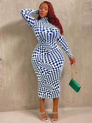 Plus Size Plaid Printed Sexy Tight Long  Dress