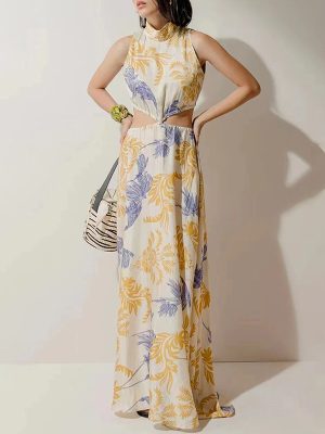 Summer Printed Stand Collar Sleeveless Sexy Waist Hollow Out Cutout Design Dress Maxi Dress