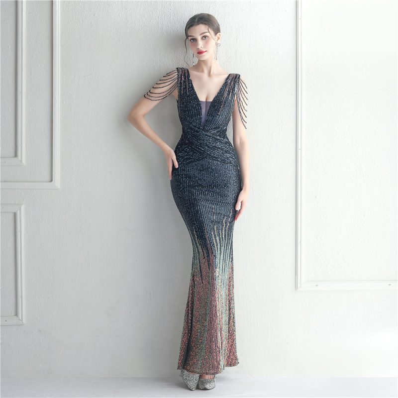 Craft Beaded Sequined Car Model Exhibition Host Dinner Women Long Evening Dress Fishtail Dress - Image 2