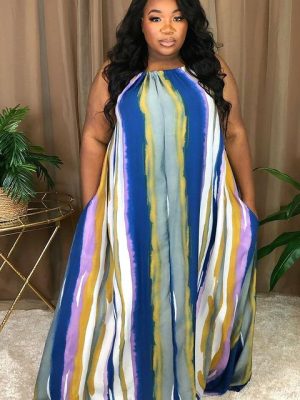 Plus Size Summer Popular Color Striped Printing Halter Loose  Dress