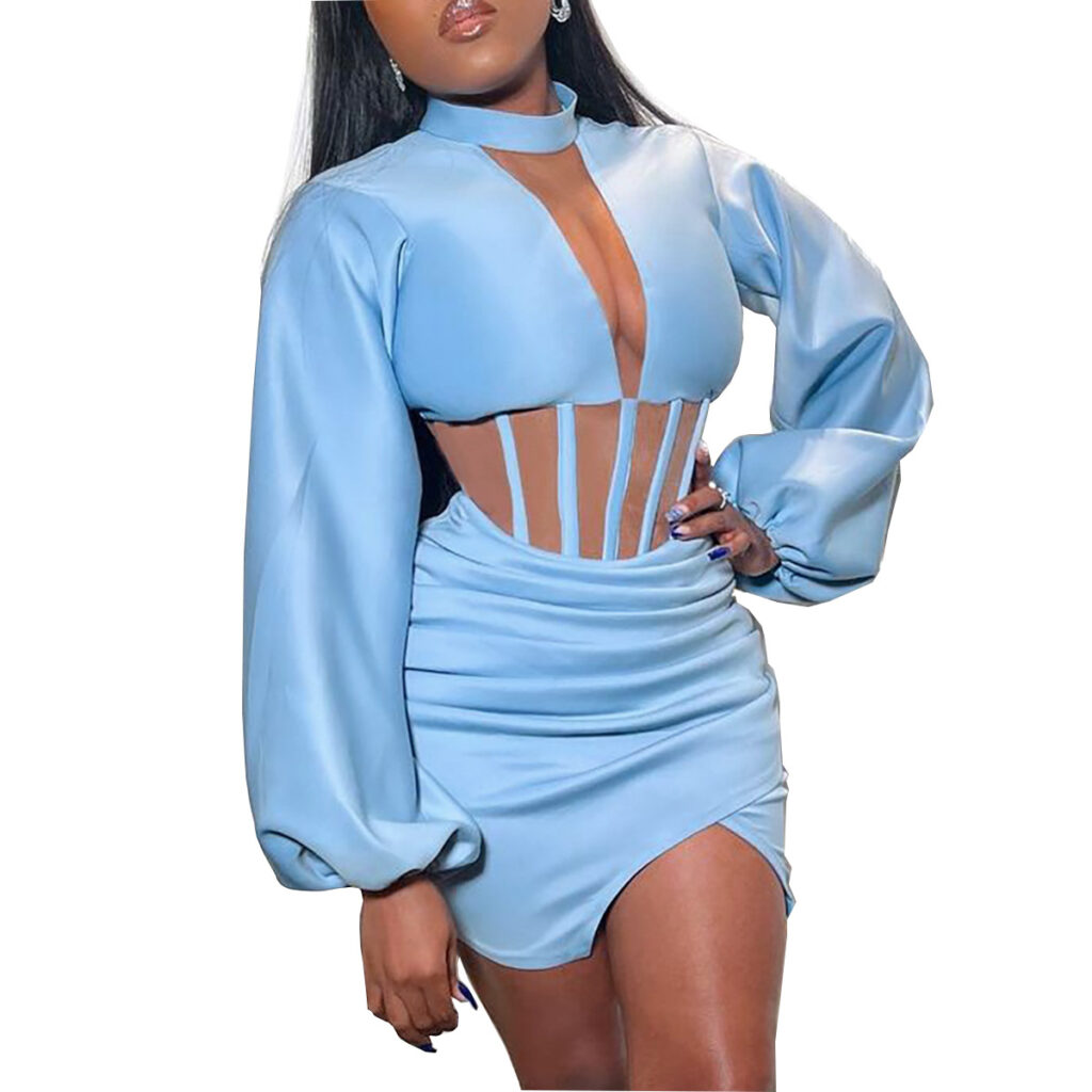 Women Clothing Spring Summer New Fashion round Neck Long Sleeve Sexy Waist Hollow-out Slim Fit Sheath Dress - Image 5