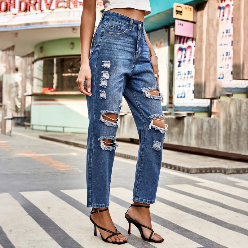 Women Clothing All Match Wash Ripped Straight Denim Ankle Length Pants Tide - Image 3