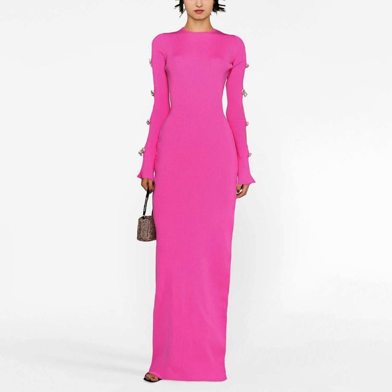 Rose Red Bow Hollow Out Cutout Out Dark Pattern Maxi Dress Elastic Bandage Waist Baring Dress Women Clothing - Image 4