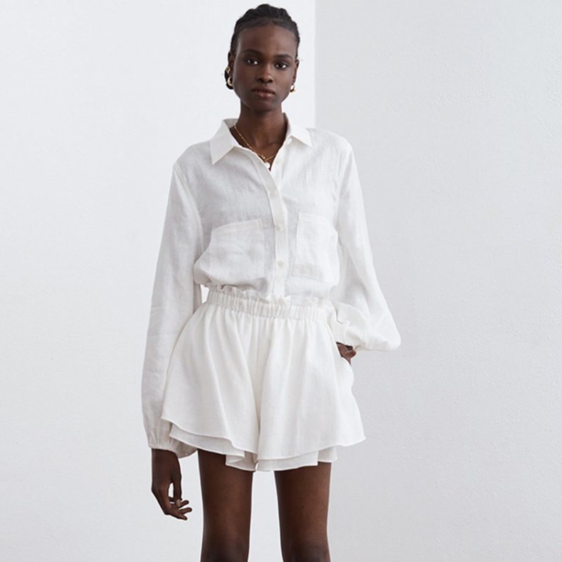 Summer Cotton Linen Women Long Sleeve Blouse Ruffled Shorts Two Piece Casual Fashion White Suit - Image 2