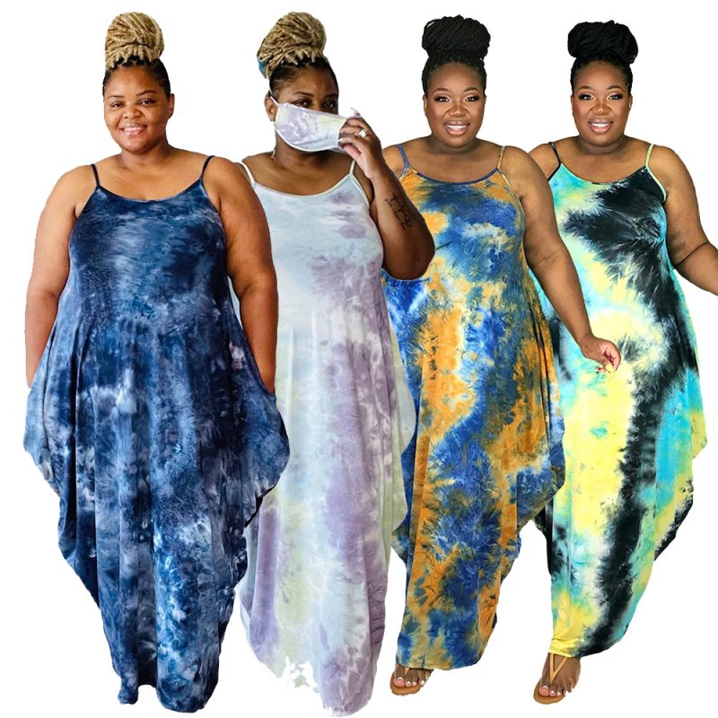 Plus Size Sundress Women Clothes Popular Tie-Dye Printed Loose Strap Ladies Irregular Asymmetric Dress - Image 5