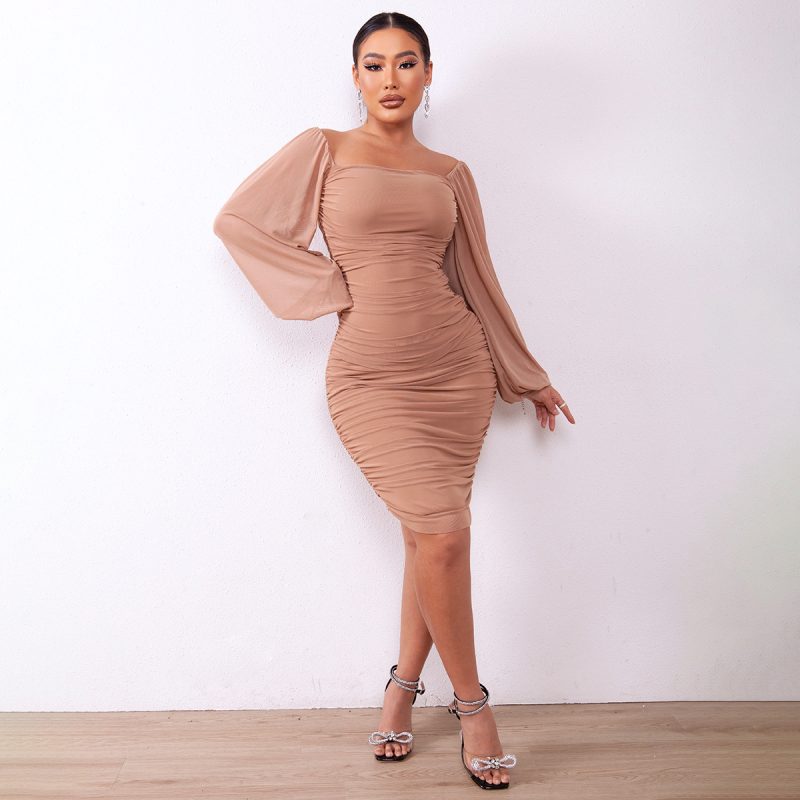 Women Clothing Solid Color Sexy Slim Party Long Sleeve Square Neck Pleated High Waist Sheath Dress