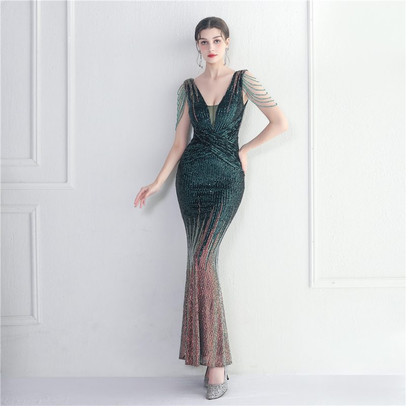 Craft Beaded Sequined Car Model Exhibition Host Dinner Women Long Evening Dress Fishtail Dress - Image 4