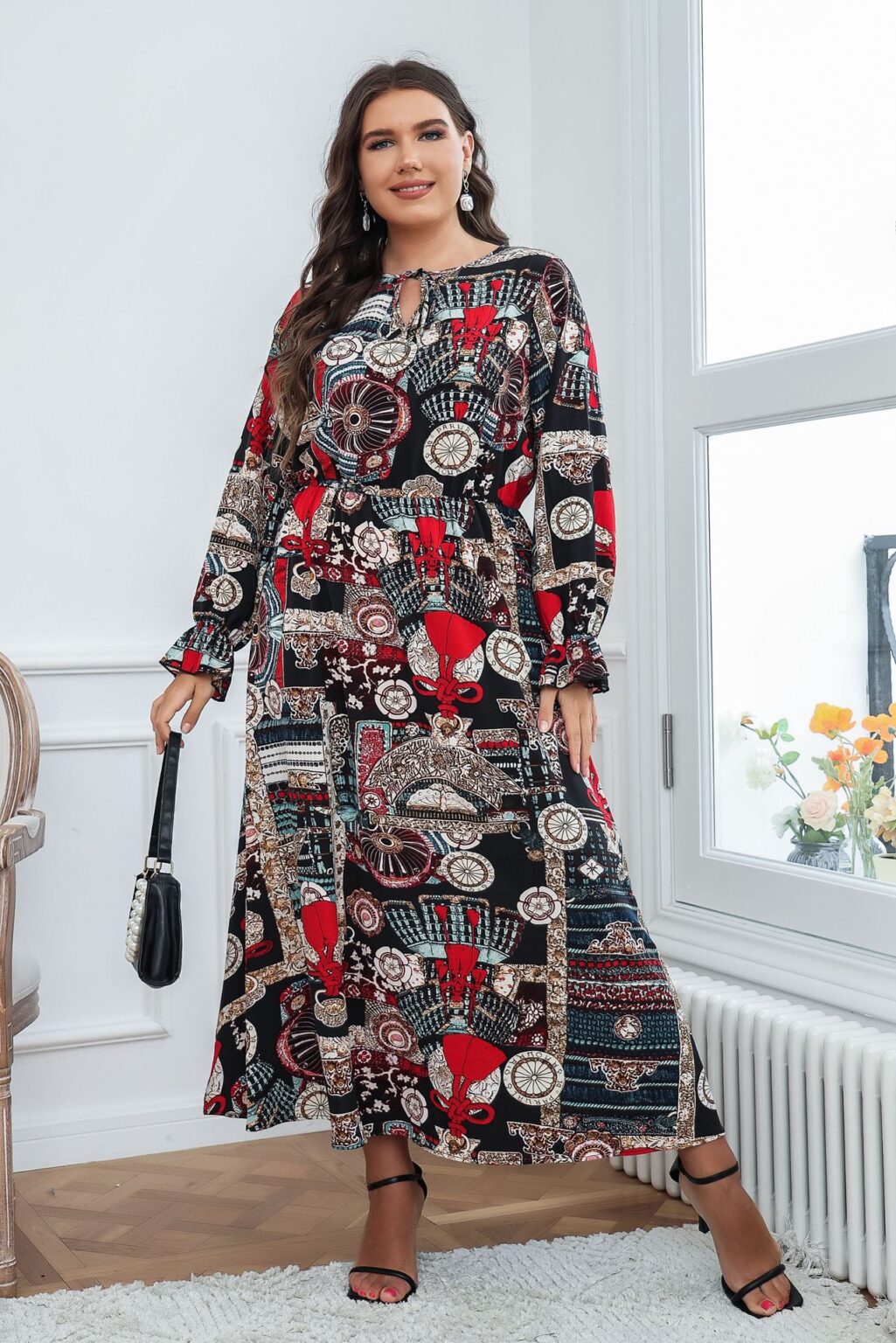 Plus Size Women Clothing Fashion Printed Long Sleeve Loose Dress - Image 4