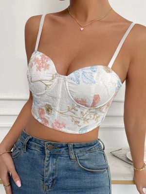 Sexy Sexy Backless Embroidered Slip Top Steel Ring Boning Corset Chest Cotton Lace up Vest