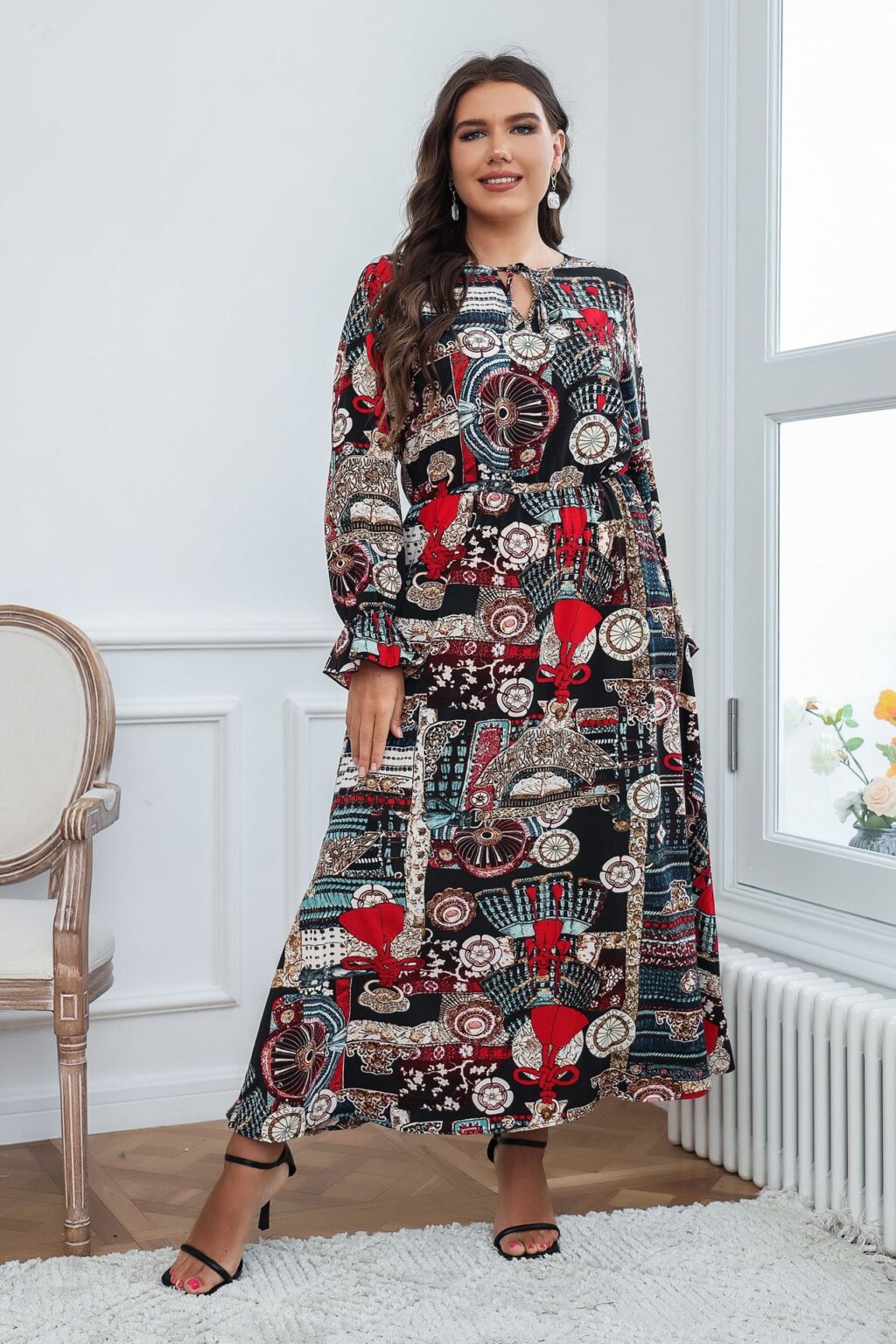 Plus Size Women Clothing Fashion Printed Long Sleeve Loose Dress - Image 2