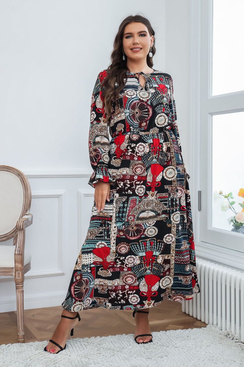 Plus Size Women Clothing Fashion Printed Long Sleeve Loose Dress - Image 2