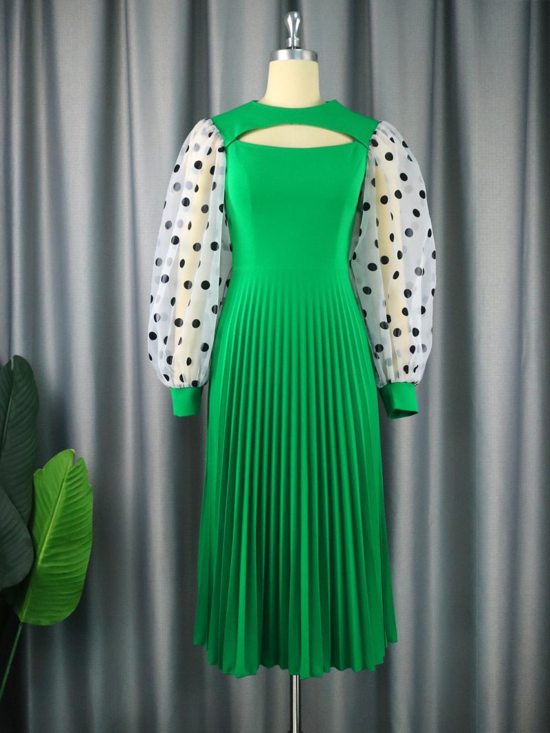 Round Neck Hollow Out Cutout Out Rest Pleated Office Polka Dot Lantern Sleeve Dress - Image 2