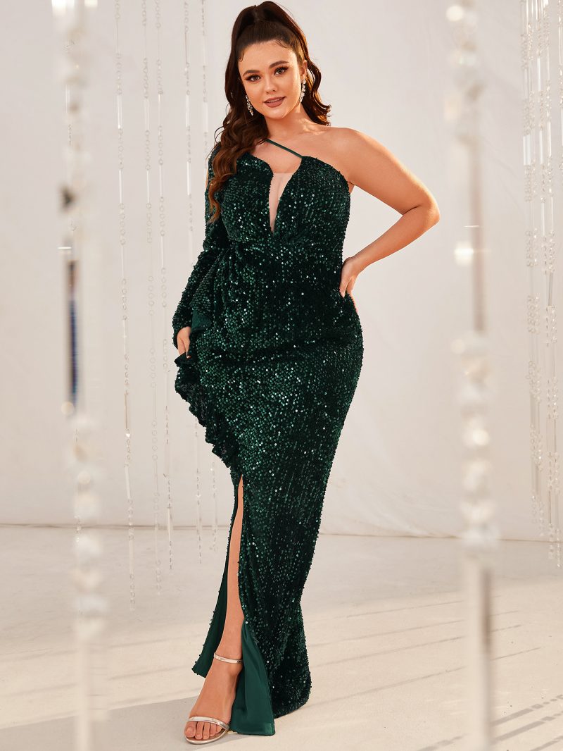 Plus Size One Shoulder Long Sleeve V neck Maxi Dress Women Sequin Dress Fishtail Dress - Image 3