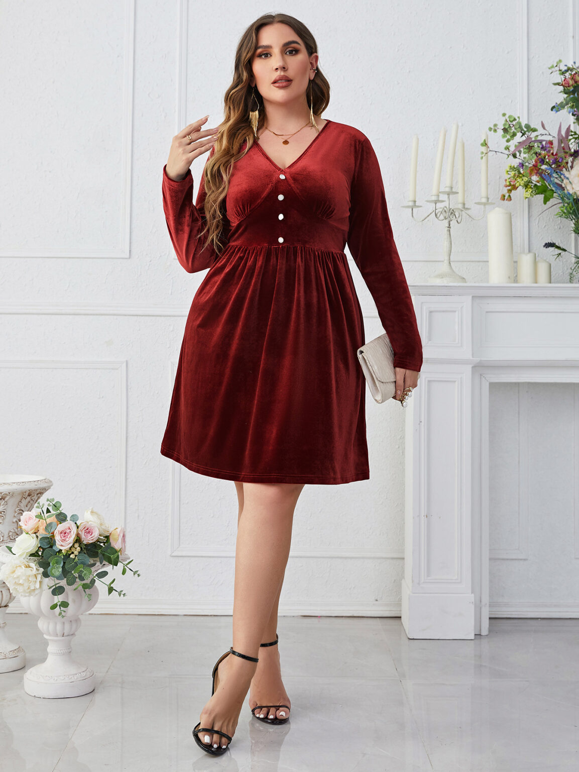 Popular Dark Red V neck Slimming High Waist Long Sleeves Dress - Image 2