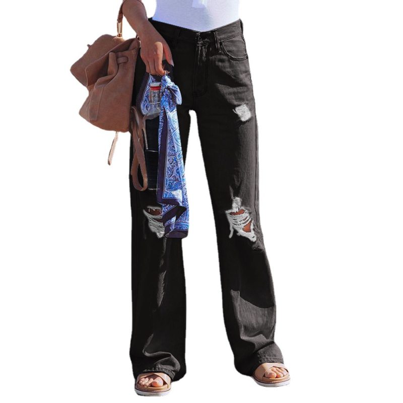 Summer Water Washed Hole High Waist Denim Pants Casual Pants Wide-Leg Pants for Women - Image 3