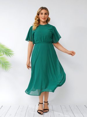 Plus Size Summer  Women Green Dresses Flare Sleeve Ruffles Backless Chiffon Dress