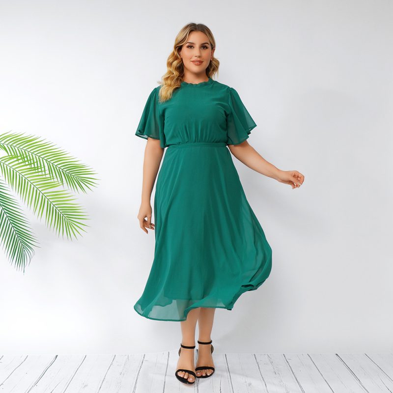 Plus Size Summer  Women Green Dresses Flare Sleeve Ruffles Backless Chiffon Dress