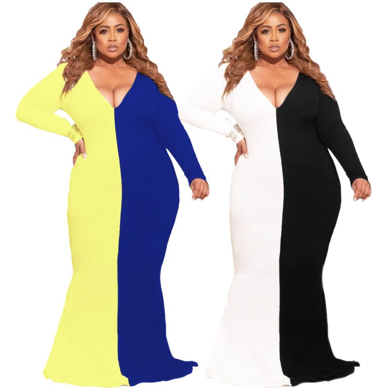 Plus Size Plus Size Color Contrast Patchwork V-neck Slim-Fit Long Sleeve Women Maxi Dress - Image 5