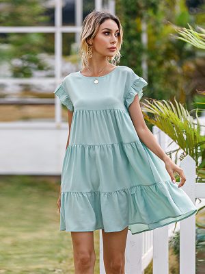 Summer Lotus Leaf Sleeve Round Neck Short Fresh Dress