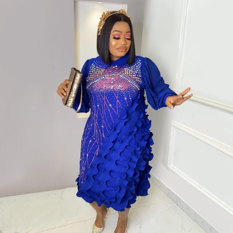 Plus Size round Neck Long Sleeve Rhinestone Dress Lace - Image 2