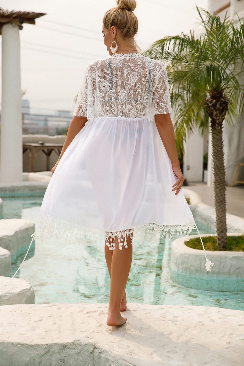 Spring Summer Beach Vacation Sexy Hollow Out Cutout Dress Matching Sun Protective Blouse - Image 5