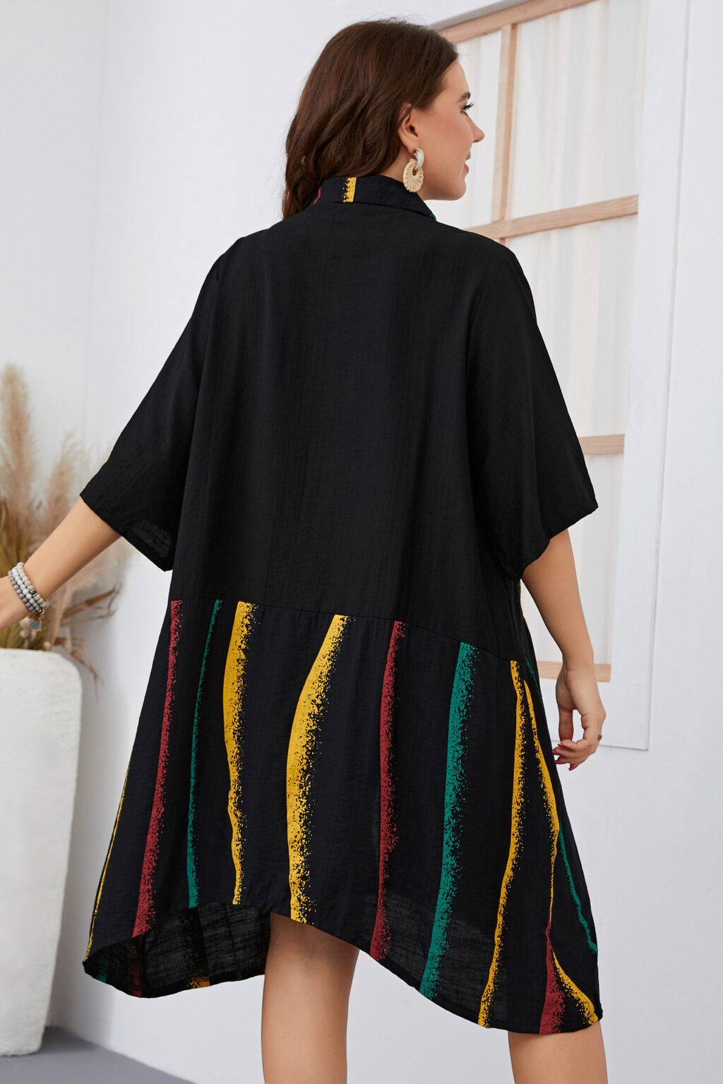 Plus Size Irregular Asymmetric Chubby Girl Dress Black Office Solid Color Woven Collared Women Half Sleeve Dress - Image 4
