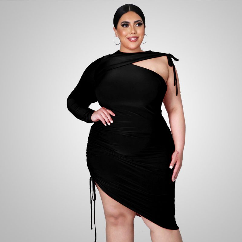 Plus Size Spring Summer Waist Dress round Neck Age-Reducing Solid Color Asymmetric Dress  Dress - Image 2